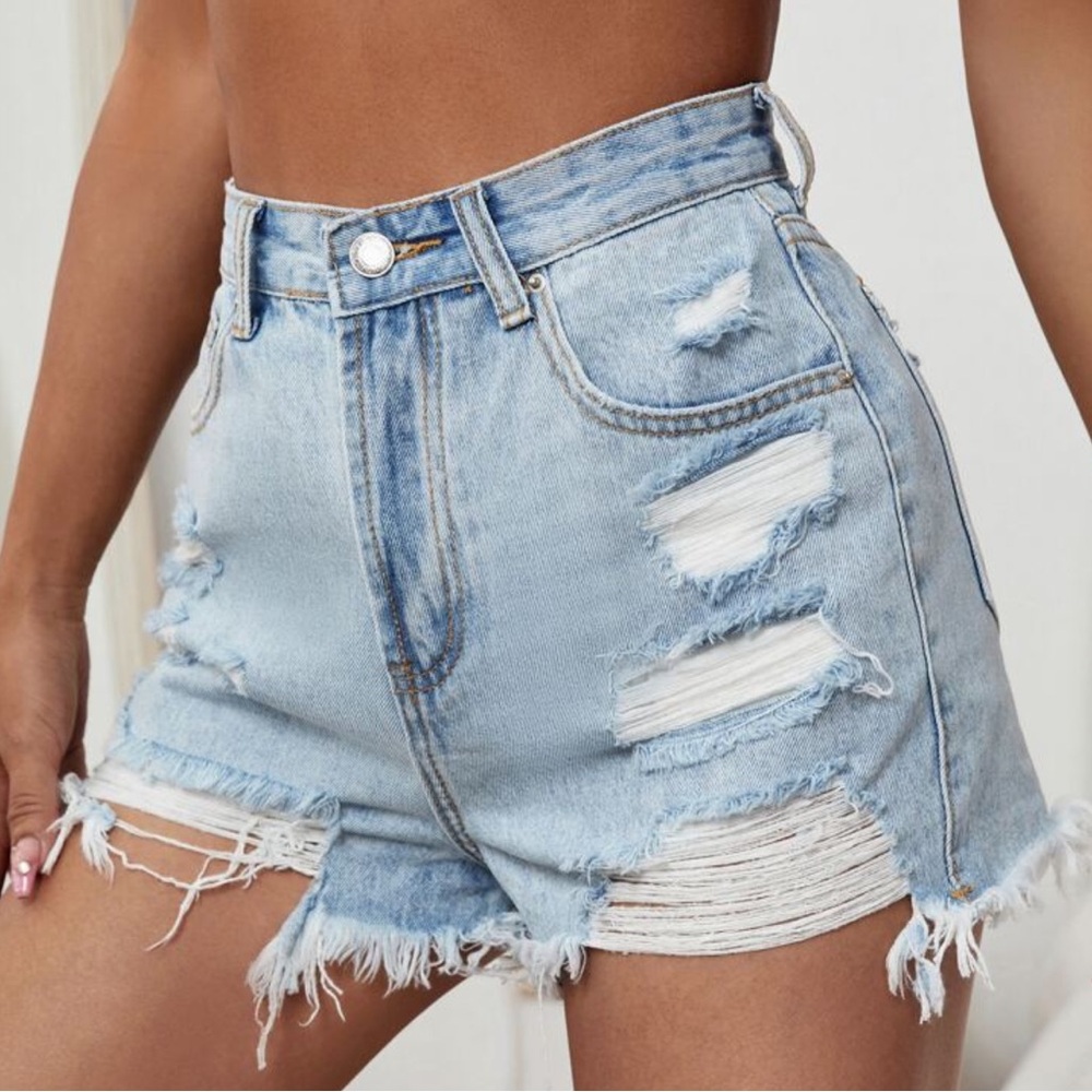 Raw Hem Distressed Denim Light Blue Shorts